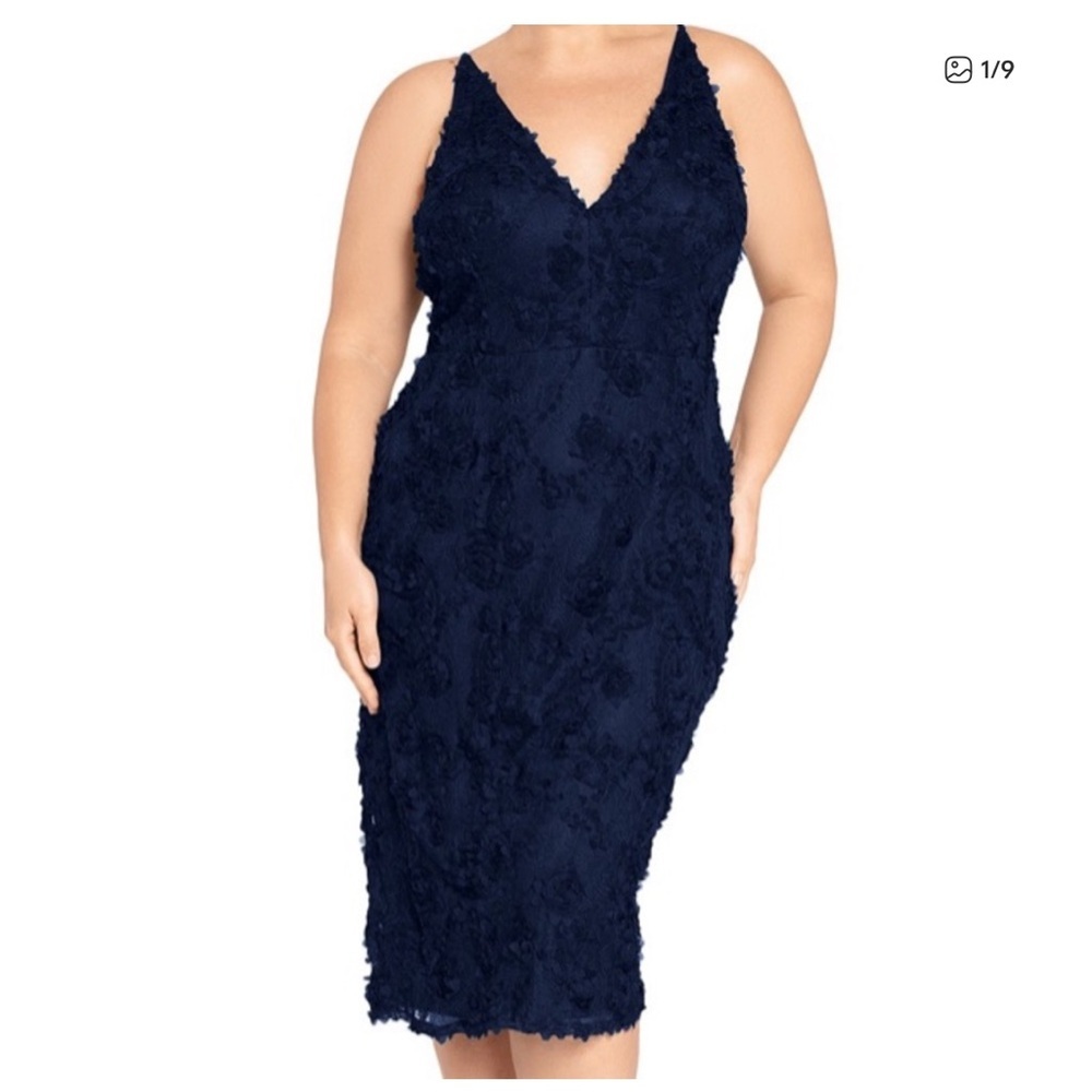 Xscape Navy Blue Lace Midi Dress
